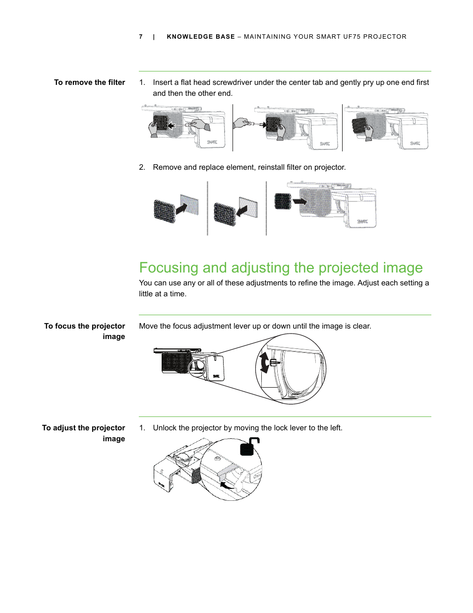 Focusing and adjusting the projected image | Smart Technologies SMART UF75 User Manual | Page 7 / 11