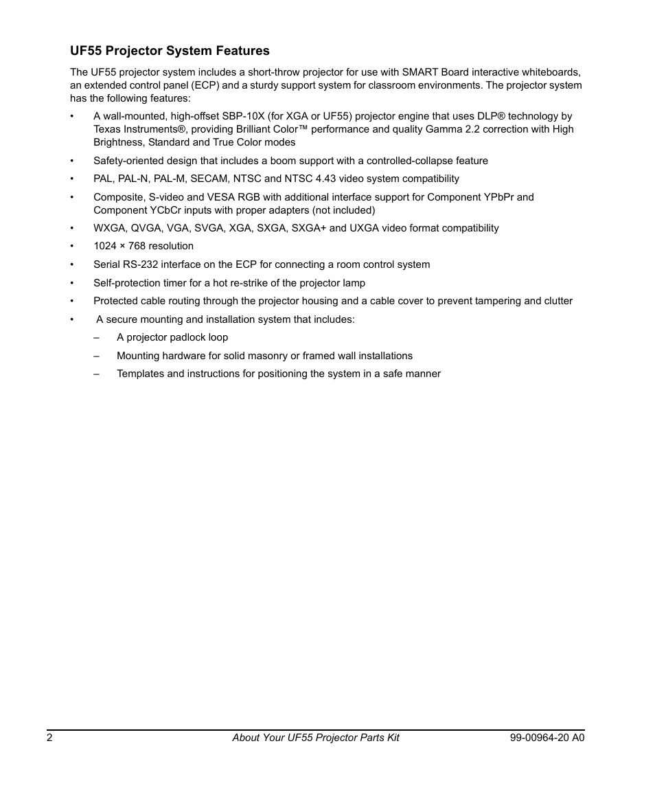 Uf55 projector system features | Smart Technologies Smart Board 560 and 580 Interactive Whiteboards And UF55 Projectors 99-00964-20 User Manual | Page 12 / 76