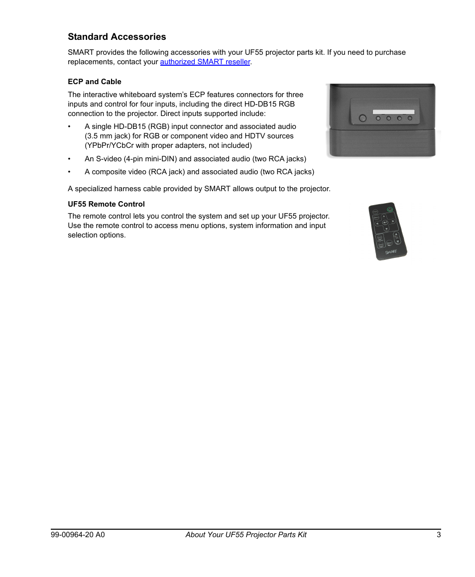Standard accessories, Ecp and cable, Uf55 remote control | Smart Technologies Smart Board 560 and 580 Interactive Whiteboards And UF55 Projectors 99-00964-20 User Manual | Page 13 / 76