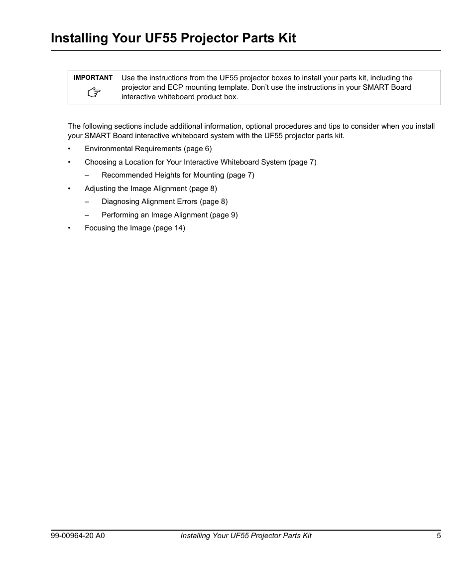 Installing your uf55 projector parts kit | Smart Technologies Smart Board 560 and 580 Interactive Whiteboards And UF55 Projectors 99-00964-20 User Manual | Page 15 / 76