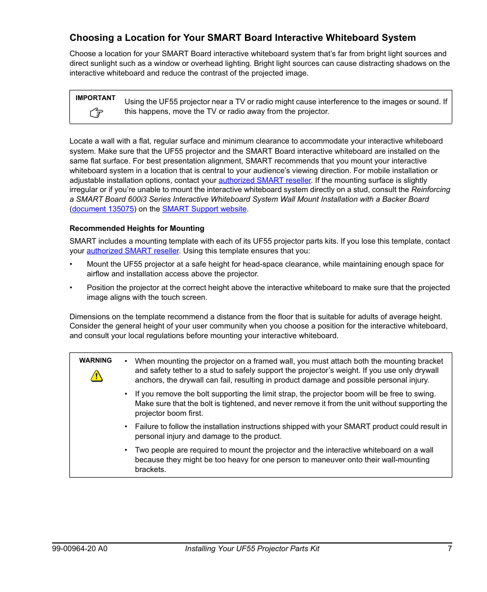 Recommended heights for mounting | Smart Technologies Smart Board 560 and 580 Interactive Whiteboards And UF55 Projectors 99-00964-20 User Manual | Page 17 / 76
