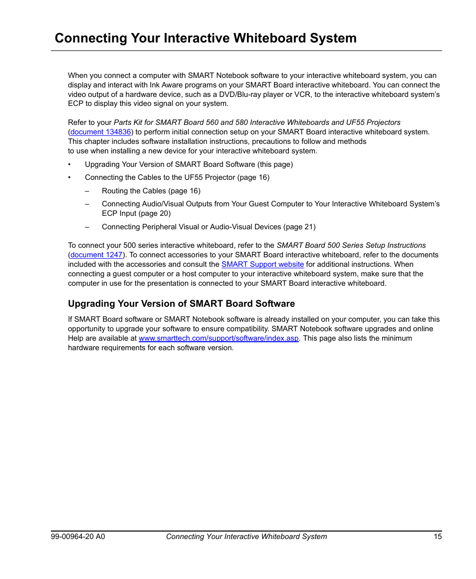 Connecting your interactive whiteboard system, Upgrading your version of smart board software | Smart Technologies Smart Board 560 and 580 Interactive Whiteboards And UF55 Projectors 99-00964-20 User Manual | Page 25 / 76