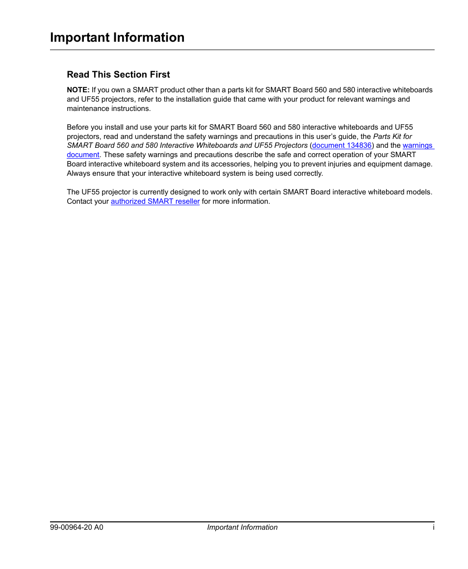Important information, Read this section first | Smart Technologies Smart Board 560 and 580 Interactive Whiteboards And UF55 Projectors 99-00964-20 User Manual | Page 3 / 76