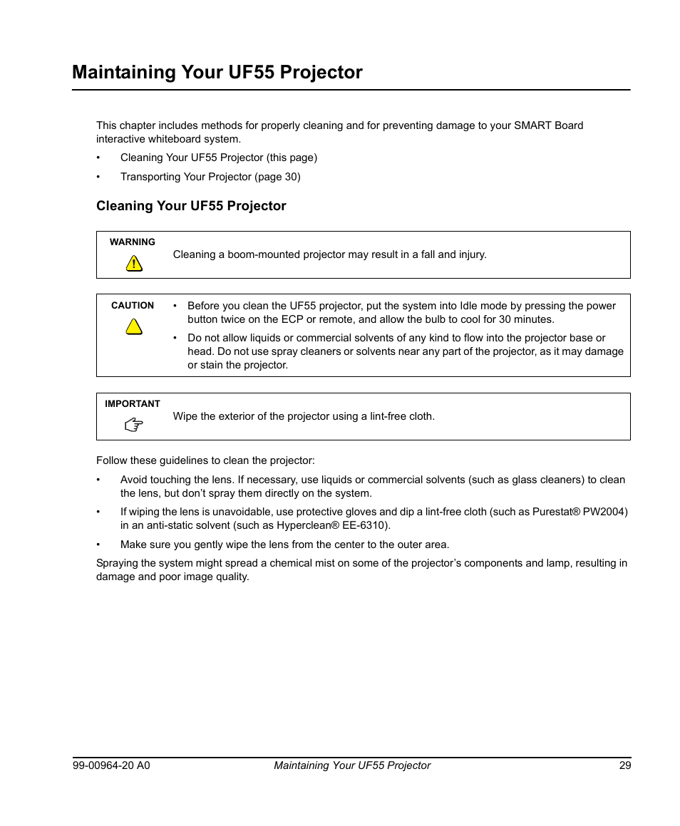 Maintaining your uf55 projector, Cleaning your uf55 projector | Smart Technologies Smart Board 560 and 580 Interactive Whiteboards And UF55 Projectors 99-00964-20 User Manual | Page 39 / 76