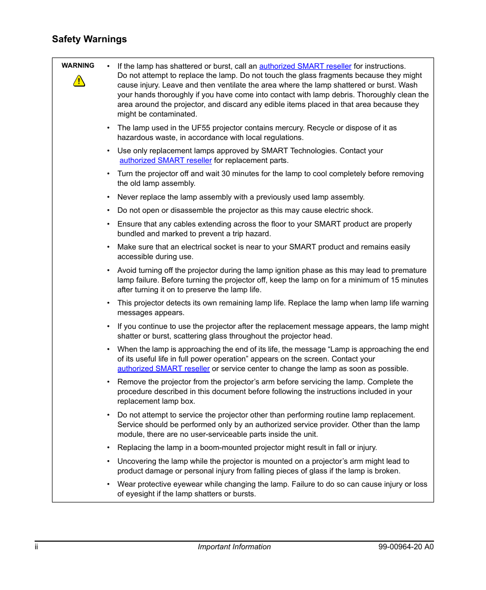 Safety warnings | Smart Technologies Smart Board 560 and 580 Interactive Whiteboards And UF55 Projectors 99-00964-20 User Manual | Page 4 / 76
