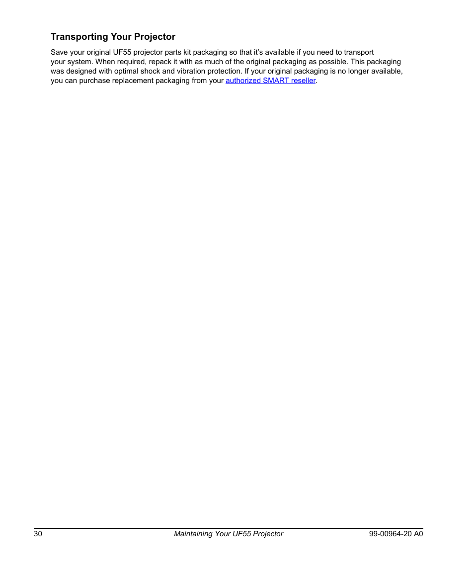 Transporting your projector | Smart Technologies Smart Board 560 and 580 Interactive Whiteboards And UF55 Projectors 99-00964-20 User Manual | Page 40 / 76