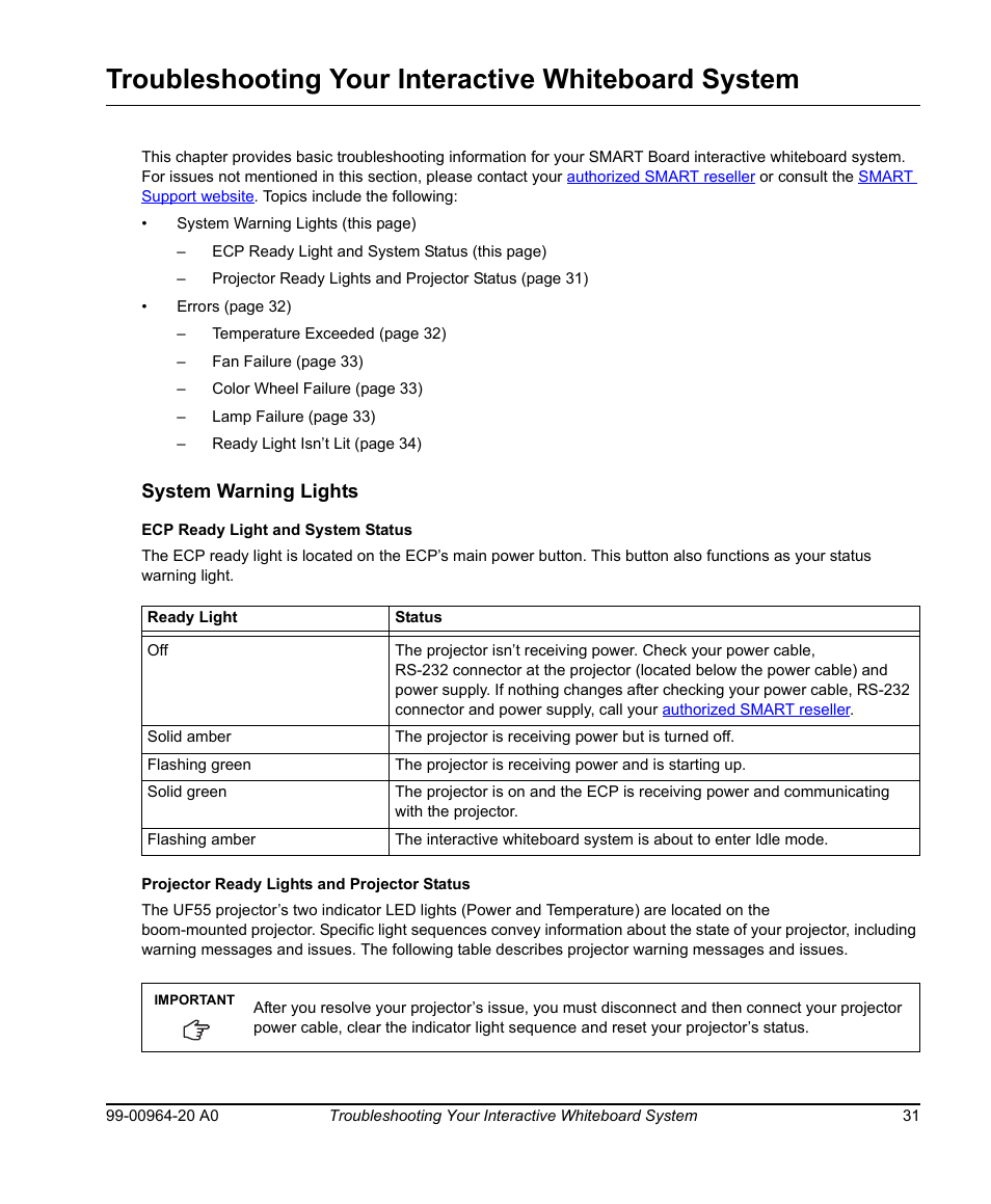 Troubleshooting your interactive whiteboard system, System warning lights, Ecp ready light and system status | Projector ready lights and projector status | Smart Technologies Smart Board 560 and 580 Interactive Whiteboards And UF55 Projectors 99-00964-20 User Manual | Page 41 / 76