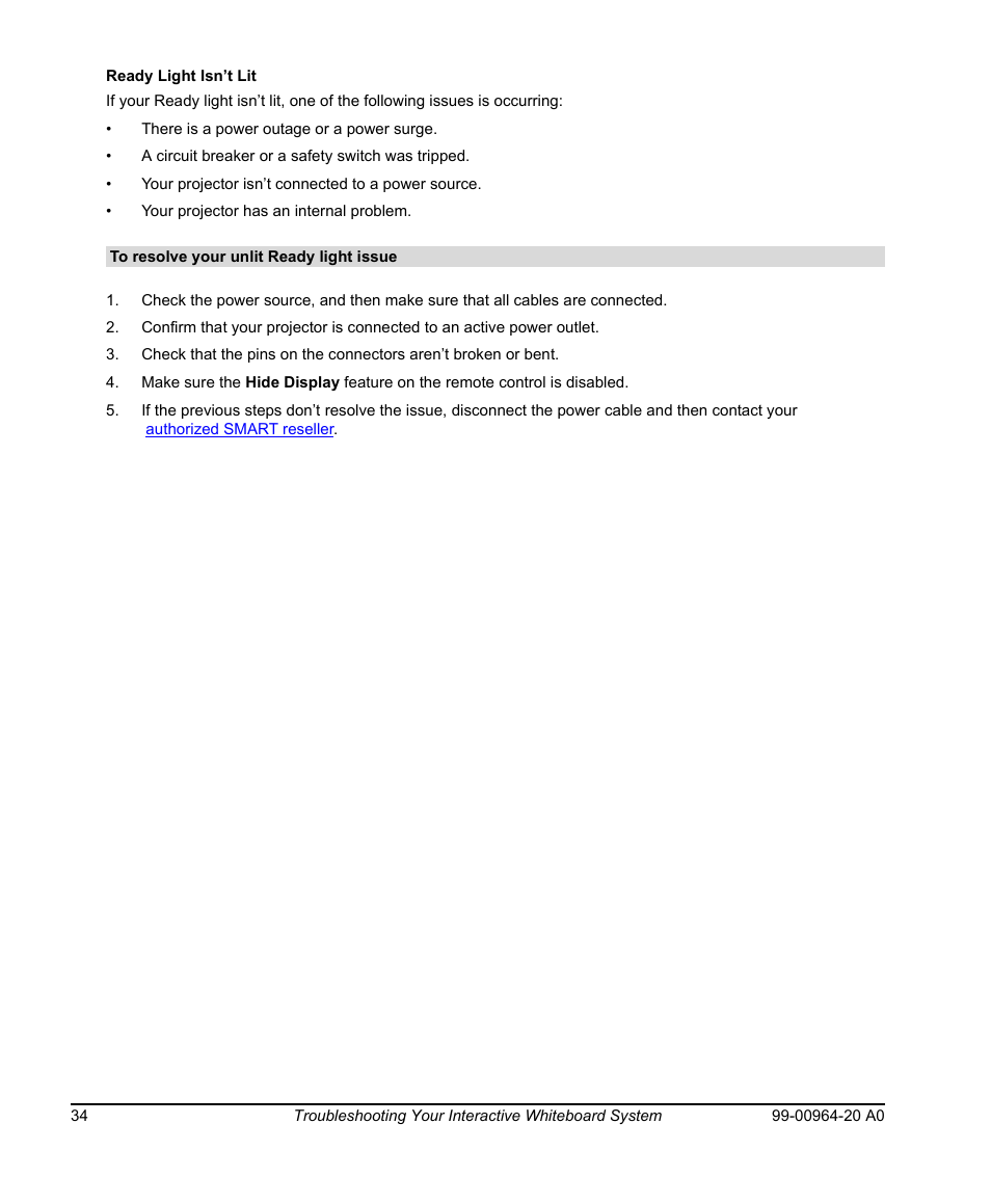 Ready light isn’t lit, To resolve your unlit ready light issue | Smart Technologies Smart Board 560 and 580 Interactive Whiteboards And UF55 Projectors 99-00964-20 User Manual | Page 44 / 76