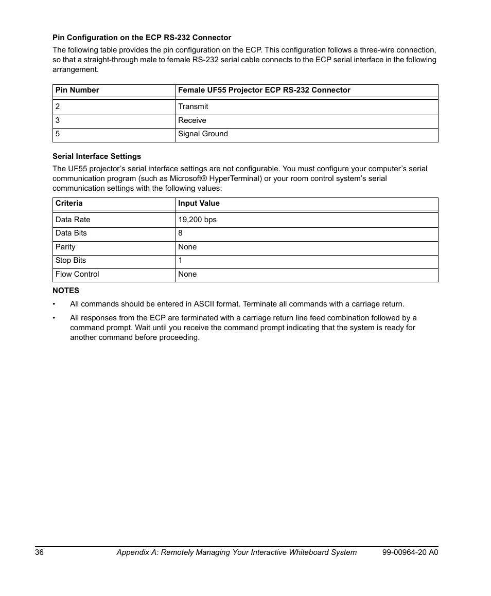 Pin configuration on the ecp rs-232 connector, Serial interface settings | Smart Technologies Smart Board 560 and 580 Interactive Whiteboards And UF55 Projectors 99-00964-20 User Manual | Page 46 / 76