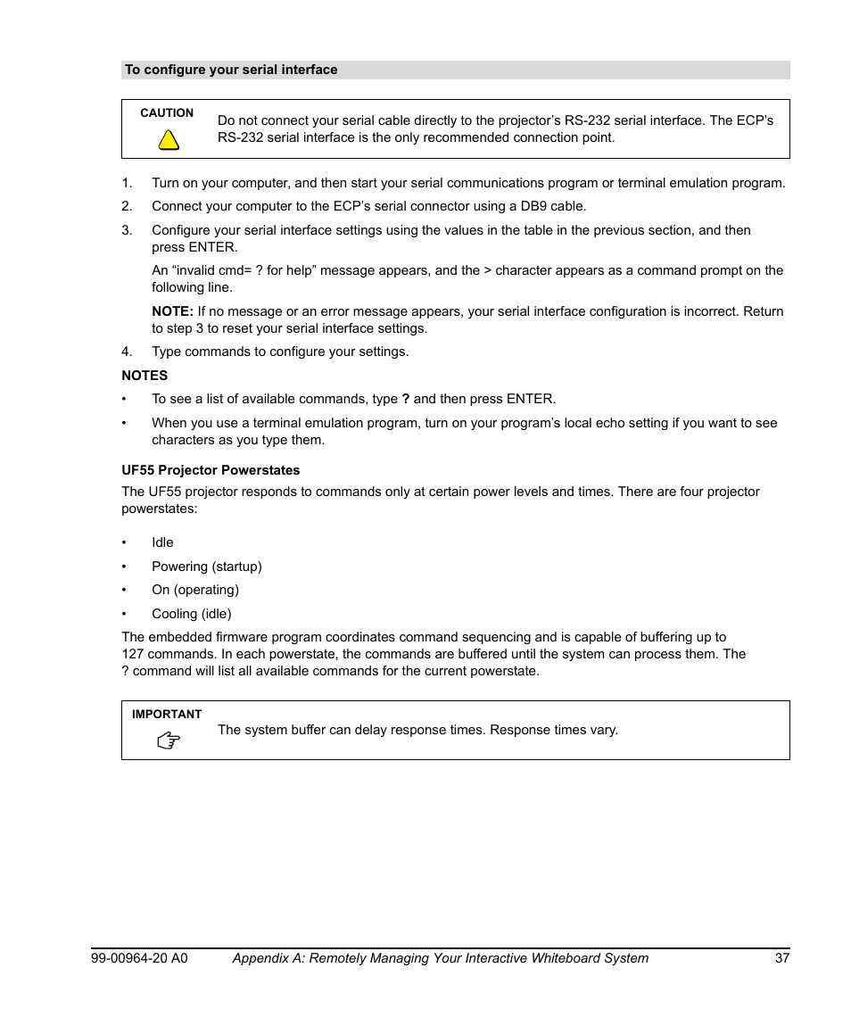 To configure your serial interface, Uf55 projector powerstates | Smart Technologies Smart Board 560 and 580 Interactive Whiteboards And UF55 Projectors 99-00964-20 User Manual | Page 47 / 76