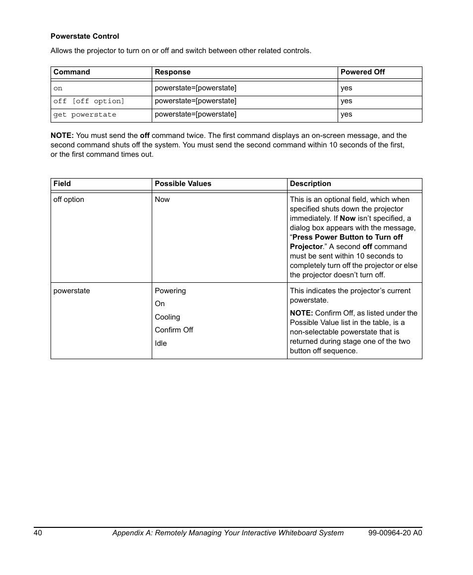 Powerstate control | Smart Technologies Smart Board 560 and 580 Interactive Whiteboards And UF55 Projectors 99-00964-20 User Manual | Page 50 / 76