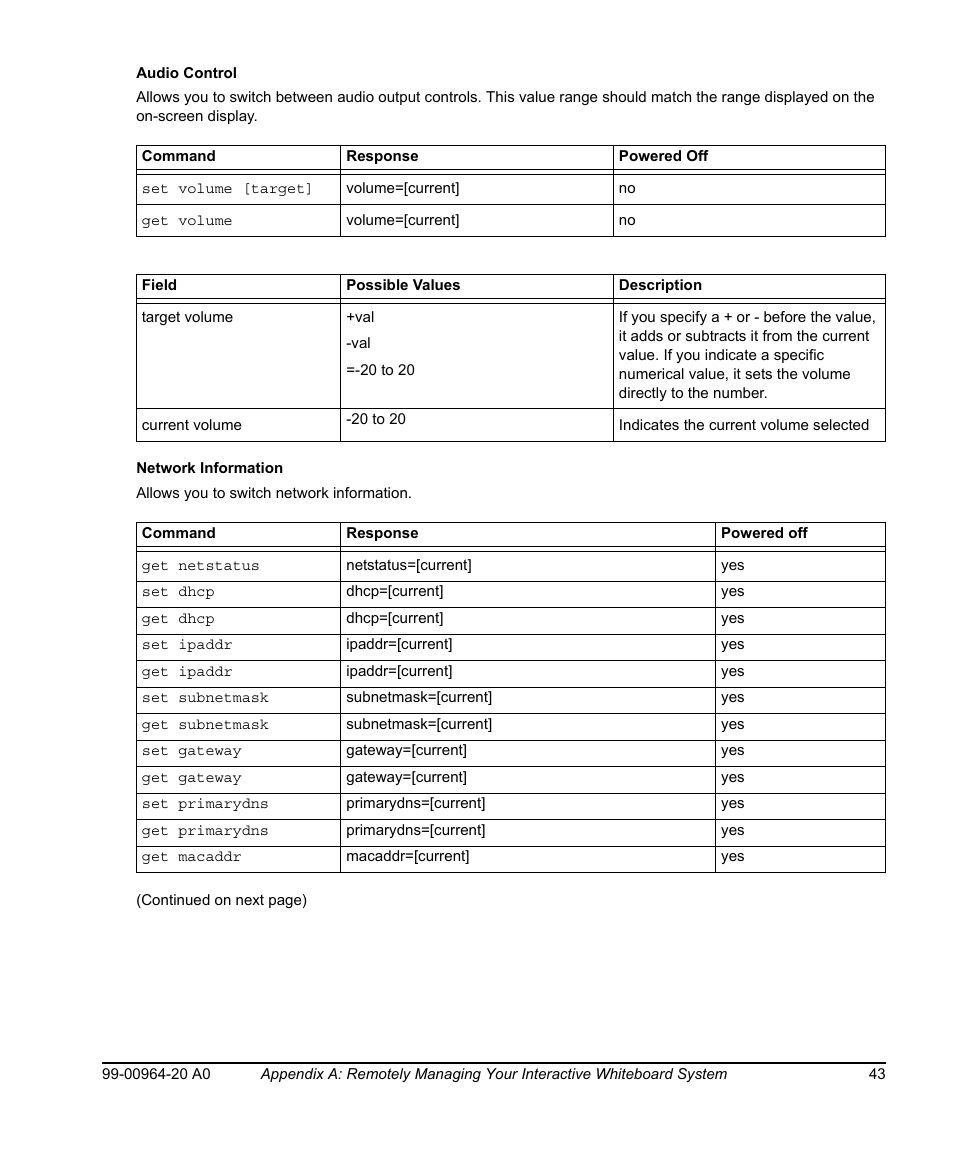 Audio control, Network information | Smart Technologies Smart Board 560 and 580 Interactive Whiteboards And UF55 Projectors 99-00964-20 User Manual | Page 53 / 76