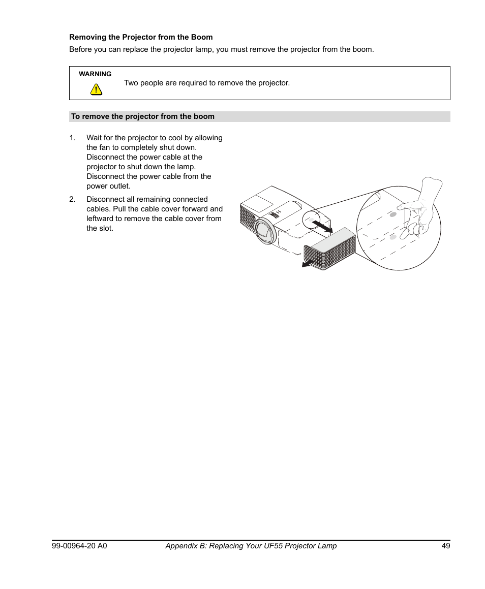 Removing the projector from the boom, To remove the projector from the boom | Smart Technologies Smart Board 560 and 580 Interactive Whiteboards And UF55 Projectors 99-00964-20 User Manual | Page 59 / 76