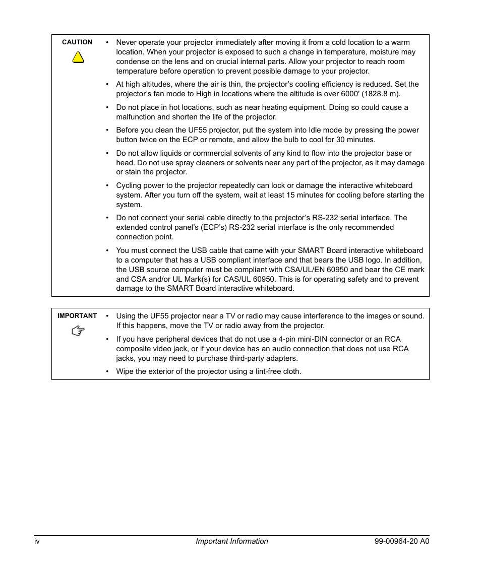 Smart Technologies Smart Board 560 and 580 Interactive Whiteboards And UF55 Projectors 99-00964-20 User Manual | Page 6 / 76