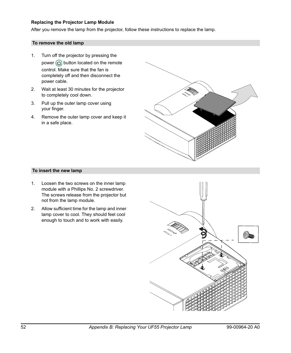 Replacing the projector lamp module, To remove the old lamp, To insert the new lamp | Smart Technologies Smart Board 560 and 580 Interactive Whiteboards And UF55 Projectors 99-00964-20 User Manual | Page 62 / 76