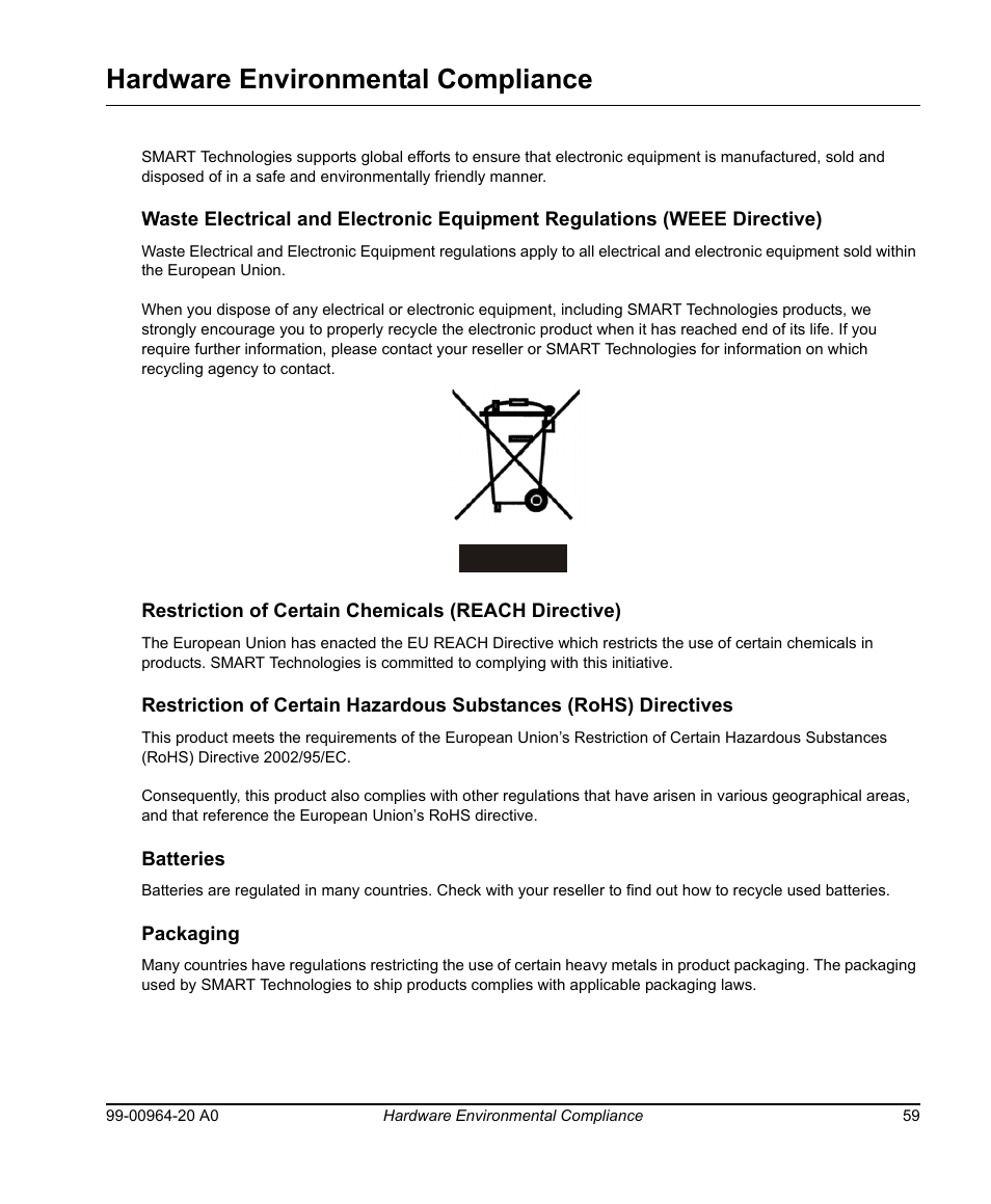 Hardware environmental compliance, Restriction of certain chemicals (reach directive), Batteries | Packaging | Smart Technologies Smart Board 560 and 580 Interactive Whiteboards And UF55 Projectors 99-00964-20 User Manual | Page 69 / 76