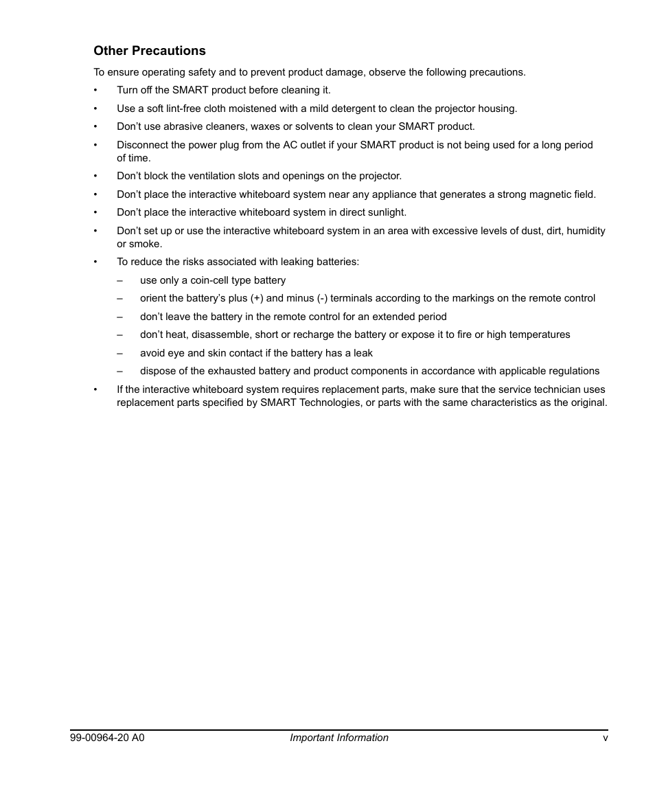 Other precautions | Smart Technologies Smart Board 560 and 580 Interactive Whiteboards And UF55 Projectors 99-00964-20 User Manual | Page 7 / 76