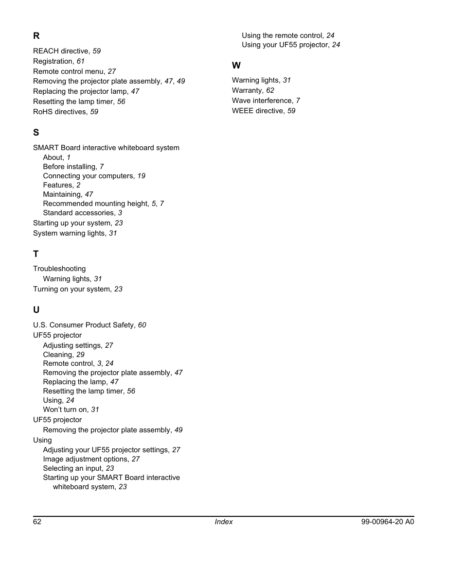 Smart Technologies Smart Board 560 and 580 Interactive Whiteboards And UF55 Projectors 99-00964-20 User Manual | Page 74 / 76