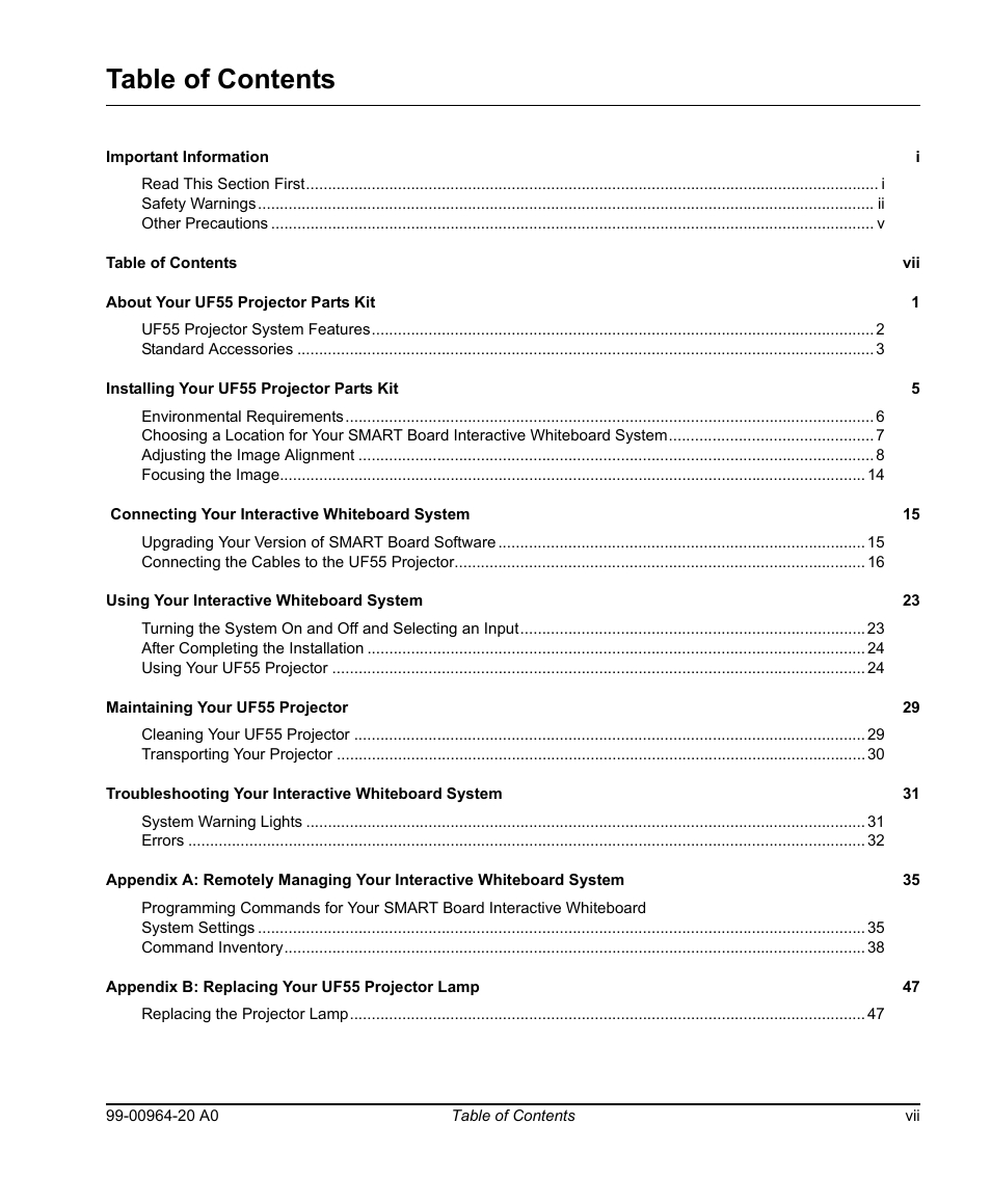 Smart Technologies Smart Board 560 and 580 Interactive Whiteboards And UF55 Projectors 99-00964-20 User Manual | Page 9 / 76
