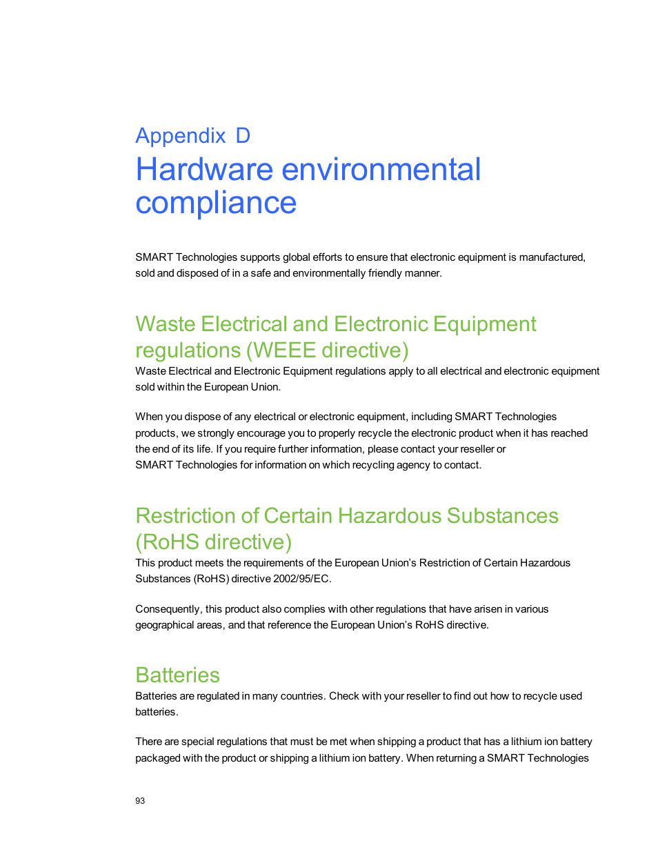 Appendix d: hardware environmental compliance, Batteries, Appendix d | Smart Technologies Smart Board 800ixe-SMP User Manual | Page 103 / 110