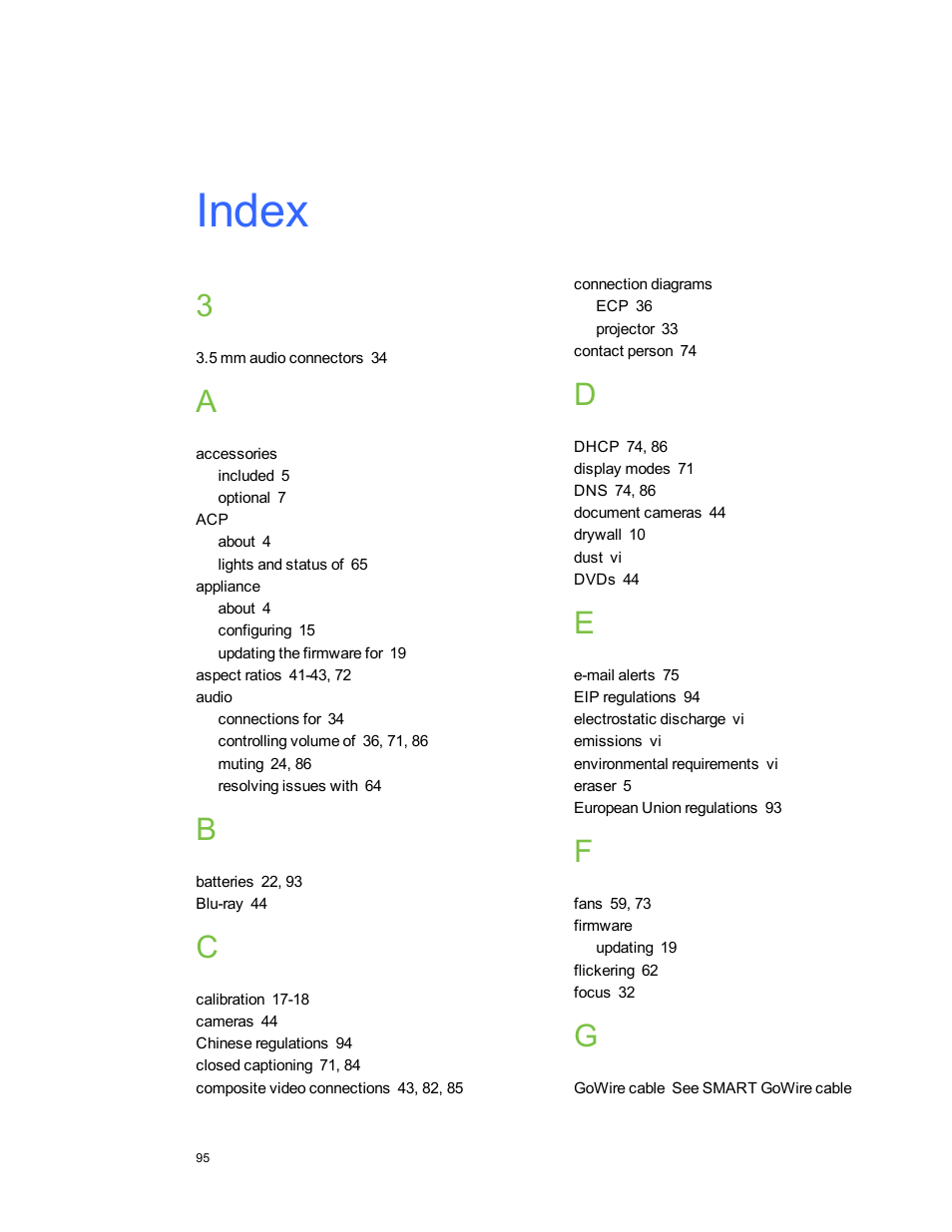Index | Smart Technologies Smart Board 800ixe-SMP User Manual | Page 105 / 110