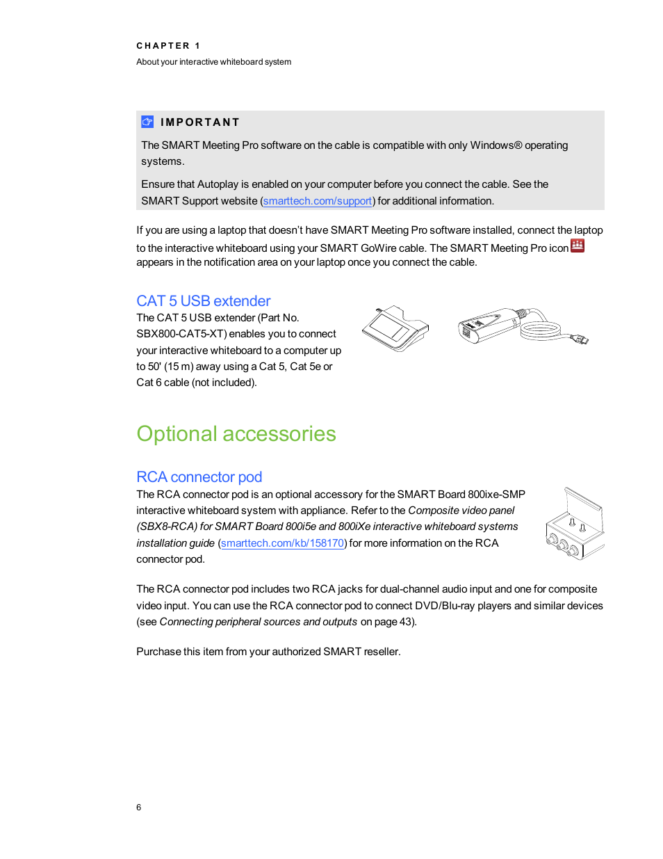 Cat 5 usb extender, Optional accessories, Rca connector pod | Smart Technologies Smart Board 800ixe-SMP User Manual | Page 16 / 110