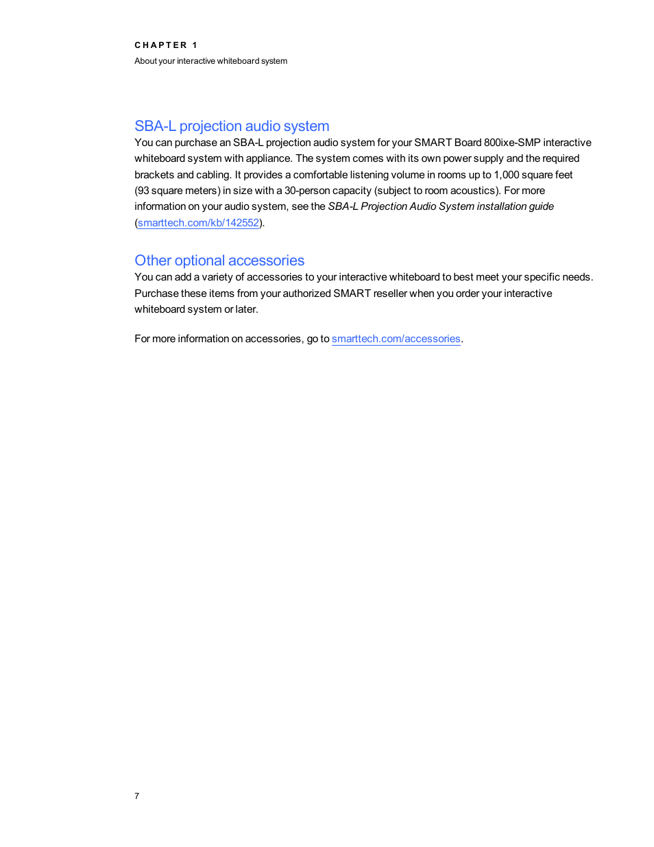 Sba-l projection audio system, Other optional accessories | Smart Technologies Smart Board 800ixe-SMP User Manual | Page 17 / 110