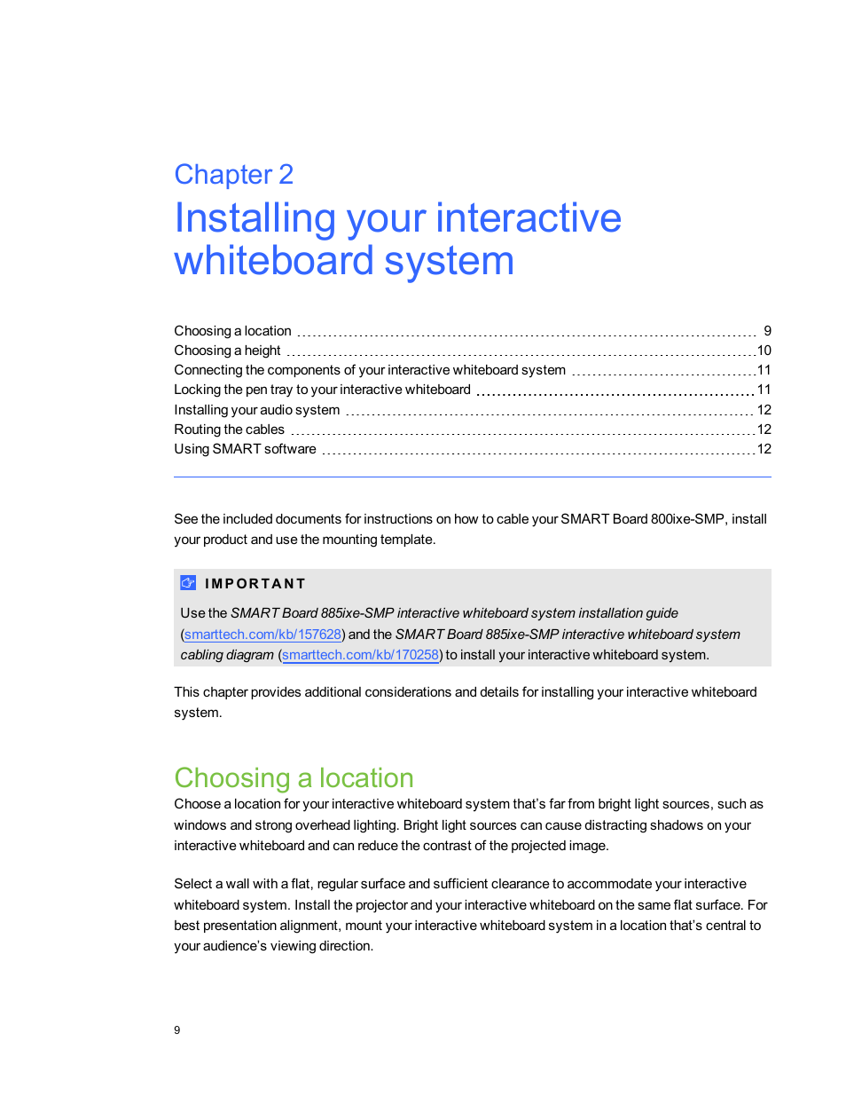 Choosing a location, Chapter 2 | Smart Technologies Smart Board 800ixe-SMP User Manual | Page 19 / 110