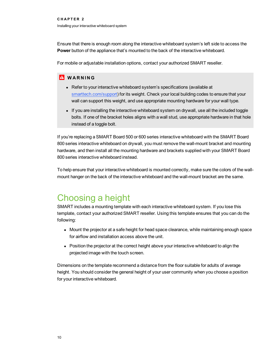 Choosing a height | Smart Technologies Smart Board 800ixe-SMP User Manual | Page 20 / 110