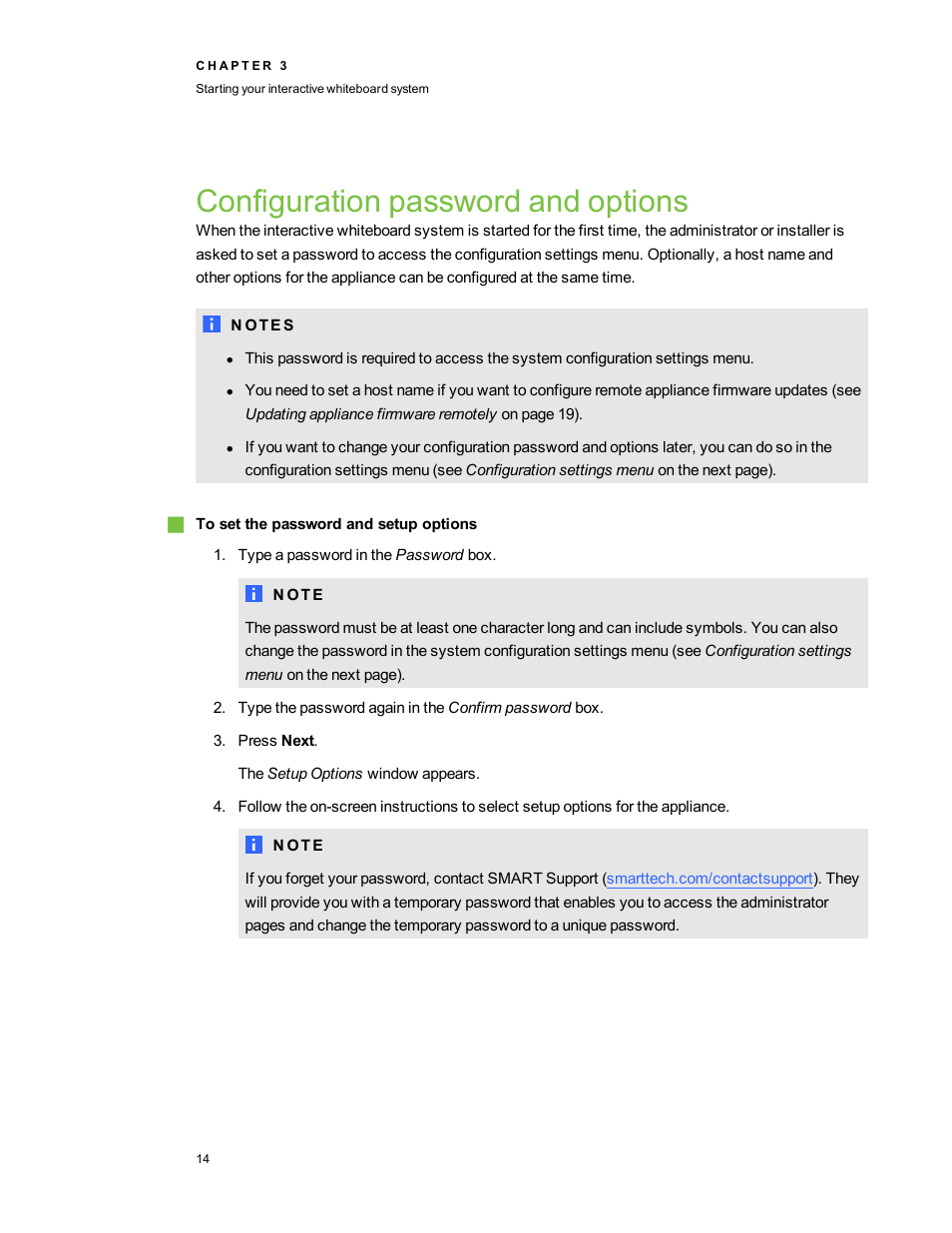 Configuration password and options | Smart Technologies Smart Board 800ixe-SMP User Manual | Page 24 / 110