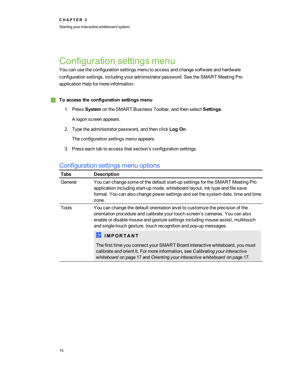 Configuration settings menu, Configuration settings menu options, Configuration settings | Smart Technologies Smart Board 800ixe-SMP User Manual | Page 25 / 110