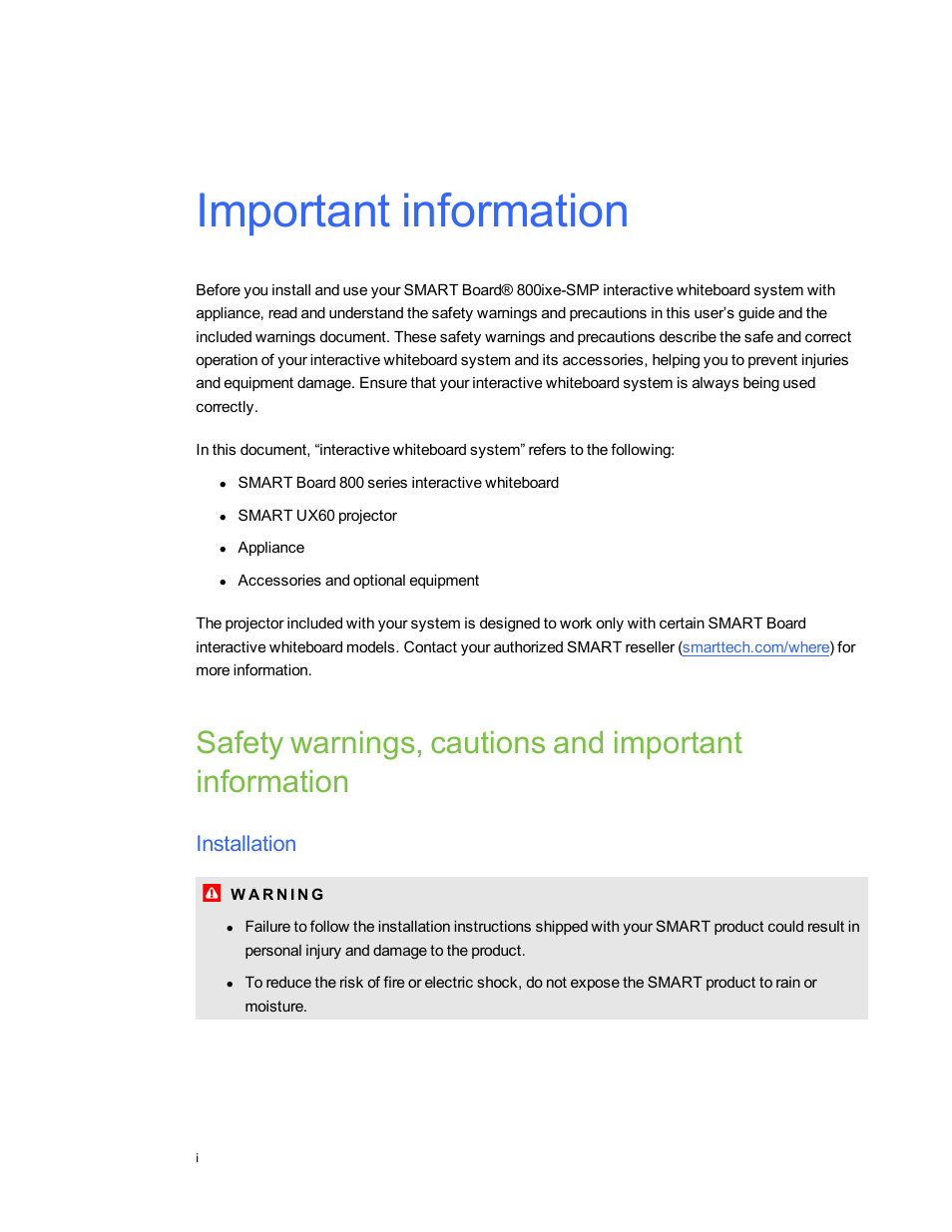 Important information, Installation | Smart Technologies Smart Board 800ixe-SMP User Manual | Page 3 / 110