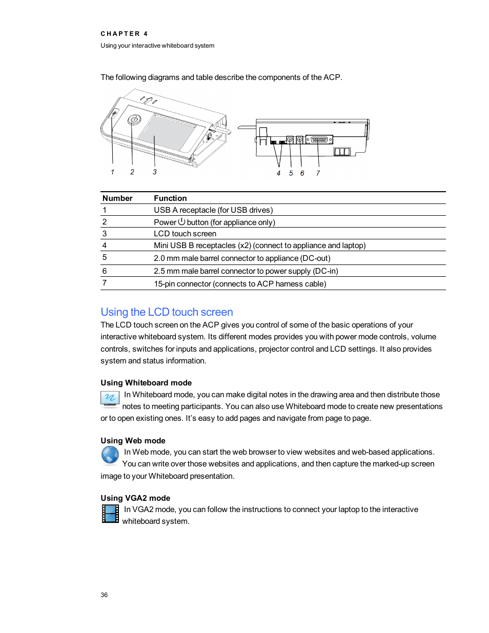 Using the lcd touch screen, Using whiteboard mode, Using web mode | Using vga2 mode | Smart Technologies Smart Board 800ixe-SMP User Manual | Page 46 / 110