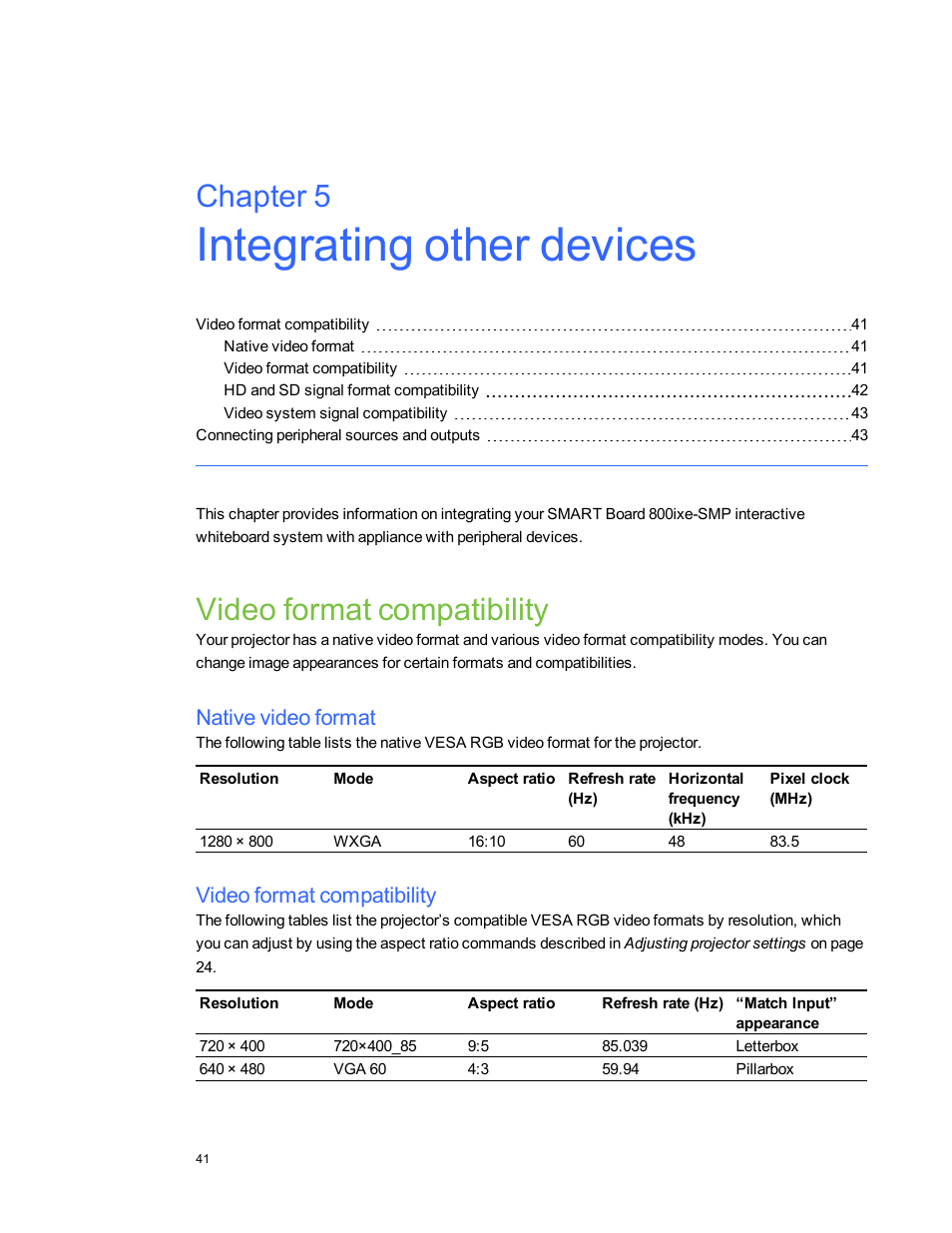 Chapter 5: integrating other devices, Video format compatibility, Native video format | Chapter 5 | Smart Technologies Smart Board 800ixe-SMP User Manual | Page 51 / 110