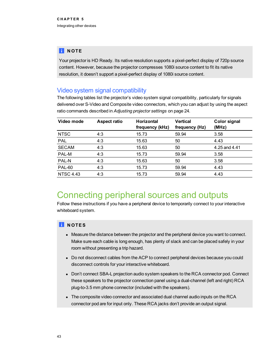 Video system signal compatibility, Connecting peripheral sources and outputs | Smart Technologies Smart Board 800ixe-SMP User Manual | Page 53 / 110