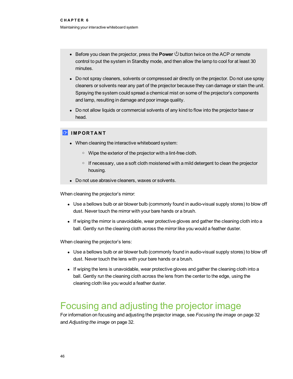 Focusing and adjusting the projector image | Smart Technologies Smart Board 800ixe-SMP User Manual | Page 56 / 110