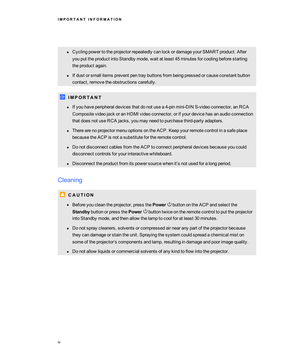 Cleaning | Smart Technologies Smart Board 800ixe-SMP User Manual | Page 6 / 110