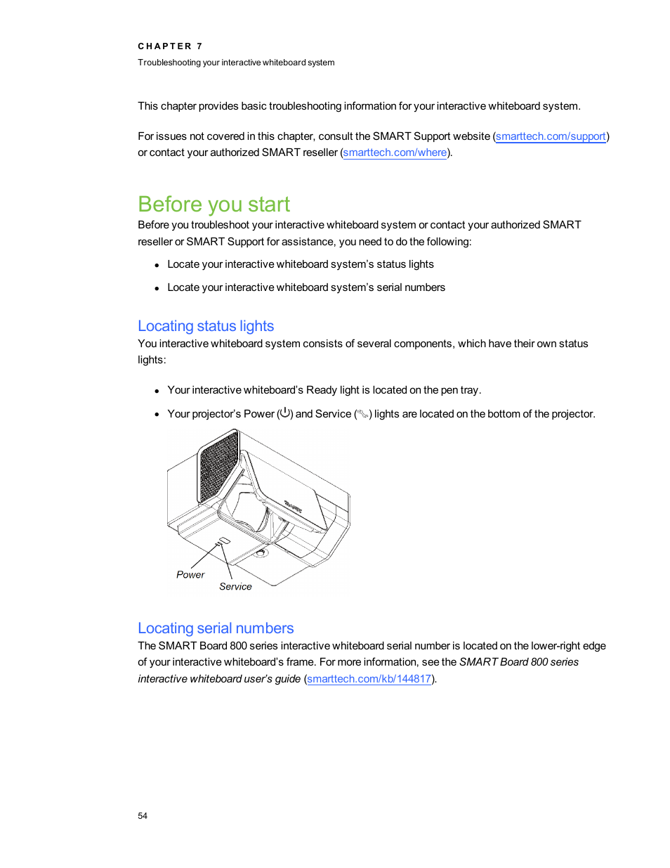 Before you start, Locating status lights, Locating serial numbers | Smart Technologies Smart Board 800ixe-SMP User Manual | Page 64 / 110
