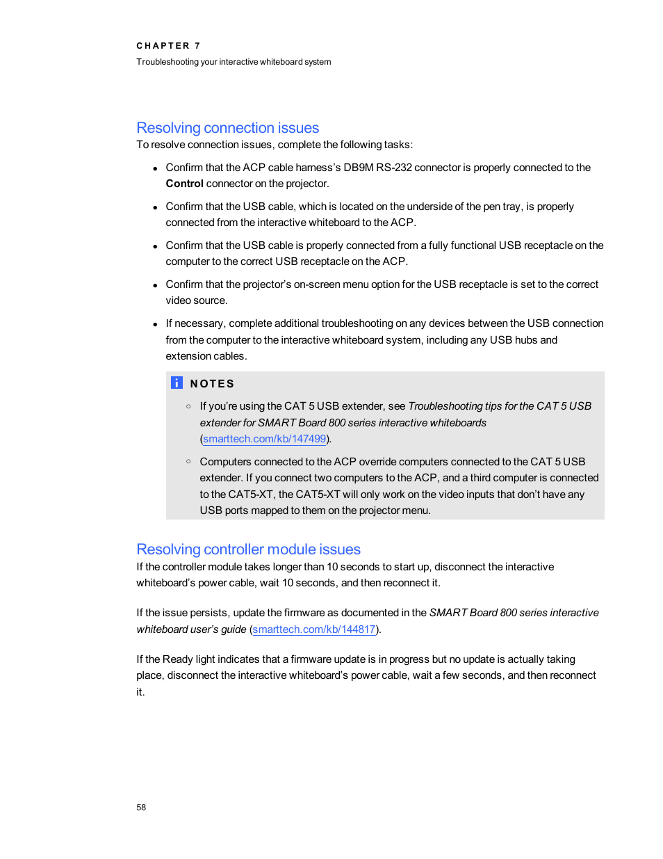 Resolving connection issues, Resolving controller module issues | Smart Technologies Smart Board 800ixe-SMP User Manual | Page 68 / 110