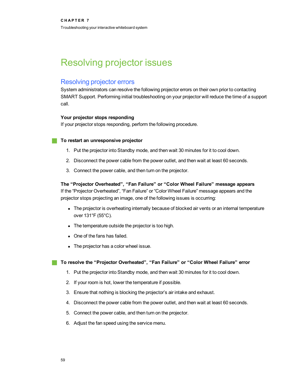 Resolving projector issues, Resolving projector errors, Your projector stops responding | Smart Technologies Smart Board 800ixe-SMP User Manual | Page 69 / 110