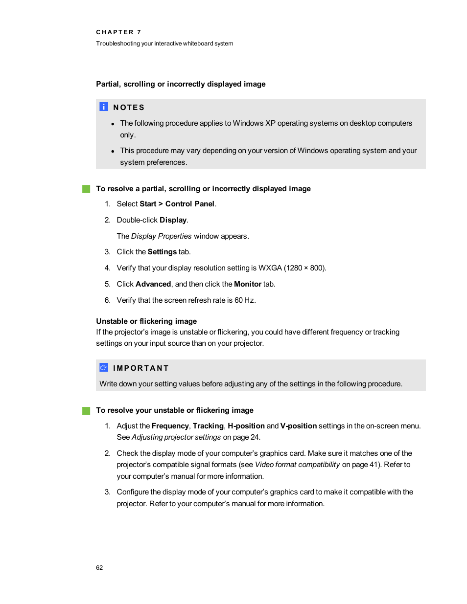 Partial, scrolling or incorrectly displayed image, Unstable or flickering image | Smart Technologies Smart Board 800ixe-SMP User Manual | Page 72 / 110