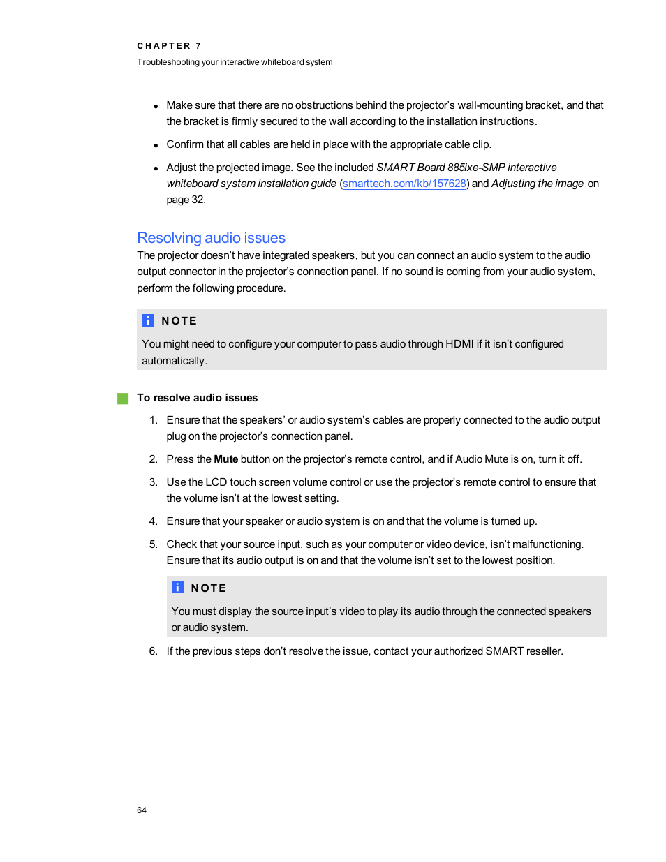 Resolving audio issues | Smart Technologies Smart Board 800ixe-SMP User Manual | Page 74 / 110