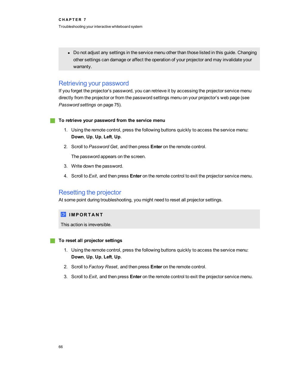 Retrieving your password, Resetting the projector | Smart Technologies Smart Board 800ixe-SMP User Manual | Page 76 / 110
