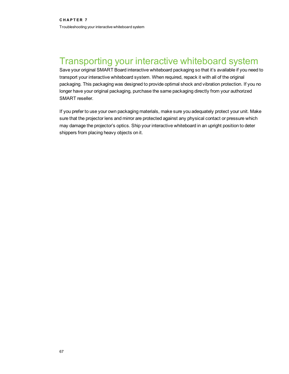 Transporting your interactive whiteboard system | Smart Technologies Smart Board 800ixe-SMP User Manual | Page 77 / 110