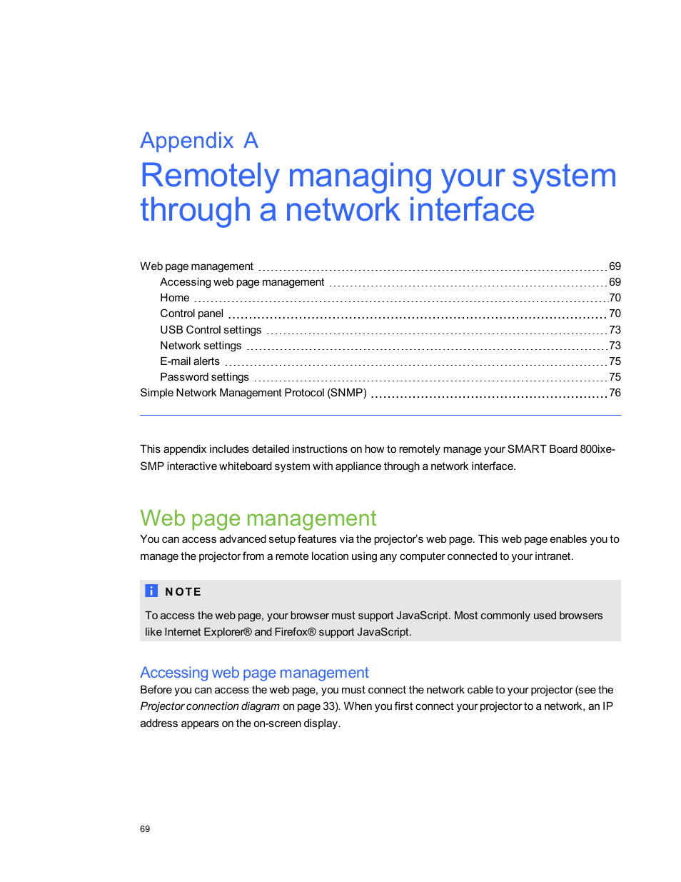 Web page management, Appendix a | Smart Technologies Smart Board 800ixe-SMP User Manual | Page 79 / 110