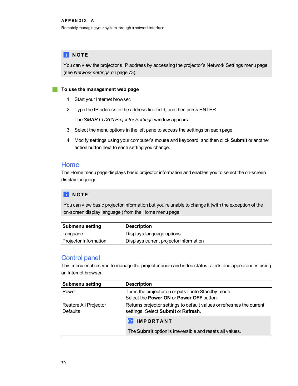 Home, Control panel | Smart Technologies Smart Board 800ixe-SMP User Manual | Page 80 / 110