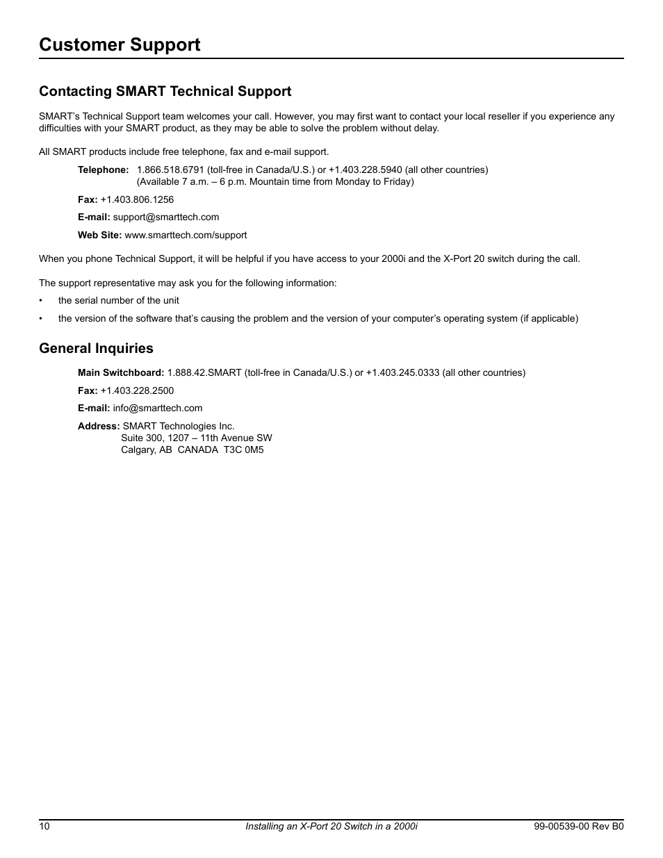 Customer support, Contacting smart technical support, General inquiries | Smart Technologies X-Port 20 Switch (XP20-2000i-B) User Manual | Page 14 / 14