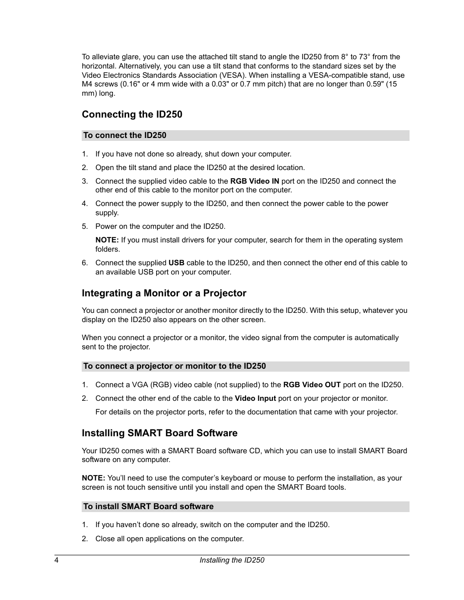 Connecting the id250, Integrating a monitor or a projector, Installing smart board software | Smart Technologies Sympodium ID250 User Manual | Page 10 / 31