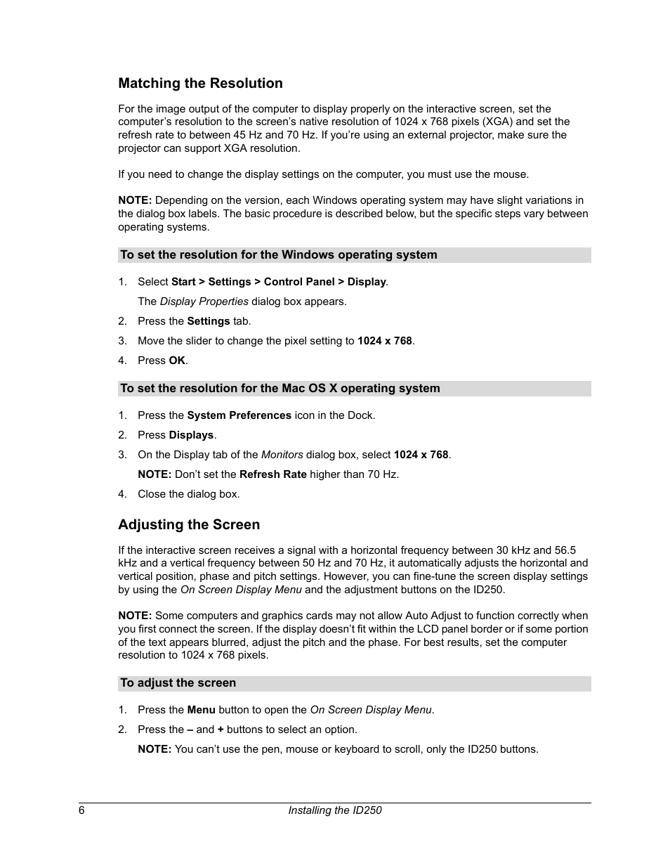Matching the resolution, Adjusting the screen, Matching the resolution adjusting the screen | Smart Technologies Sympodium ID250 User Manual | Page 12 / 31