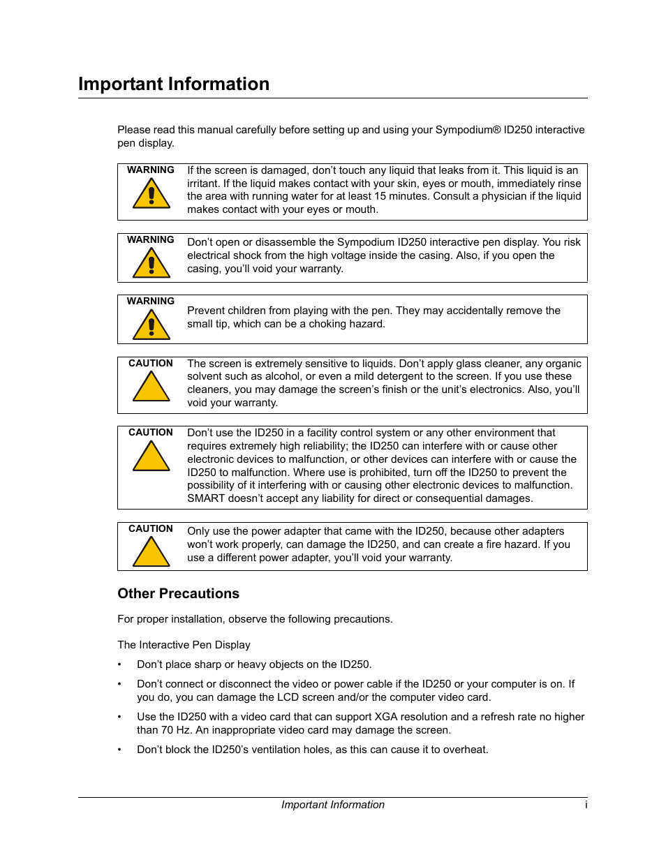 Important information, Other precautions | Smart Technologies Sympodium ID250 User Manual | Page 3 / 31